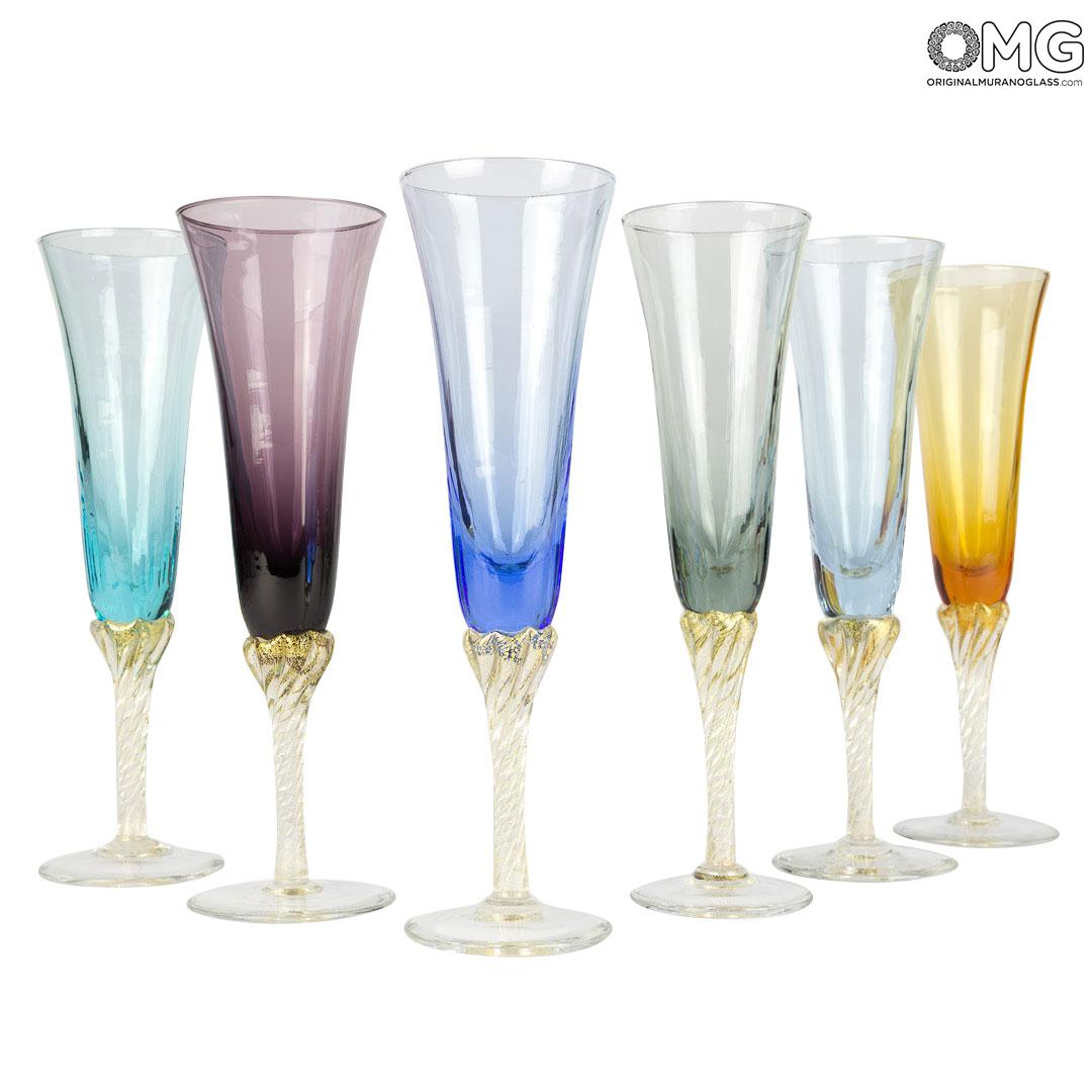Wine Glasses - Flutes Collection: Champagne Flute Set - 6 Colors Mix -  Glass Blown