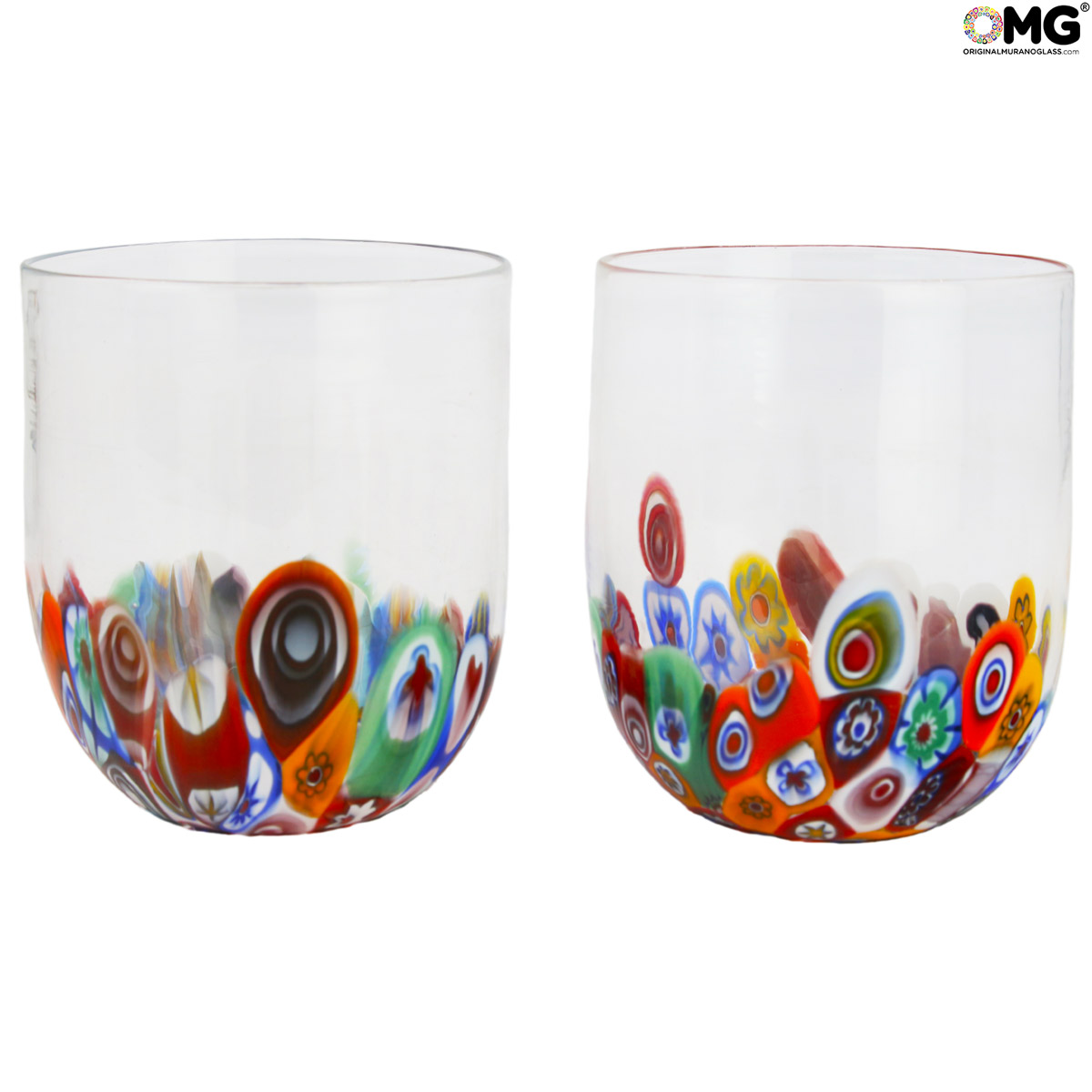Drinking Glasses Tumblers Murano Sets: 6 Millefiori wide Drinking glasses -  Goto in Murrine - Original Murano Glass OMG