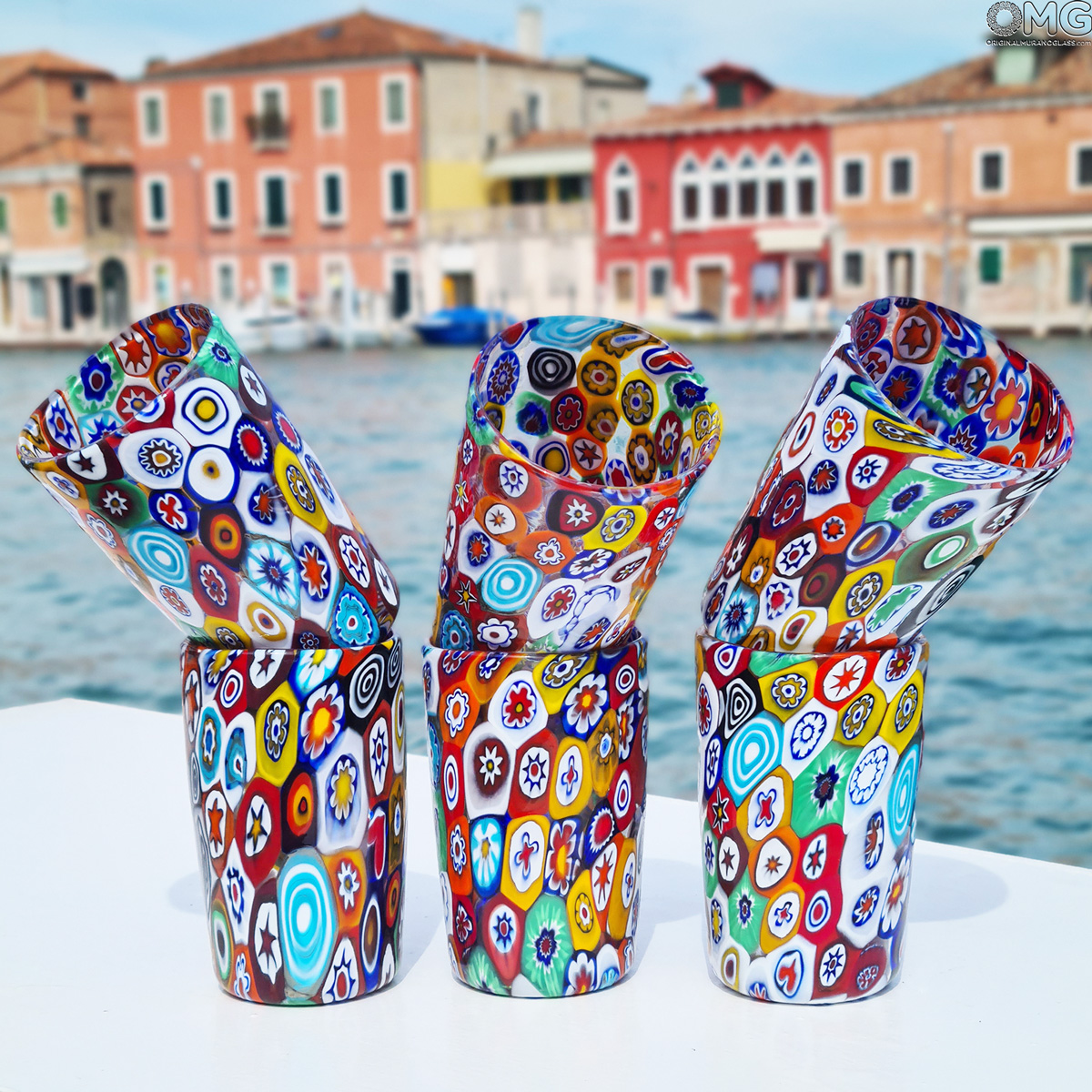 Mosa - Set Of Two Murano Drinking Glasses With Murrina Millefiori