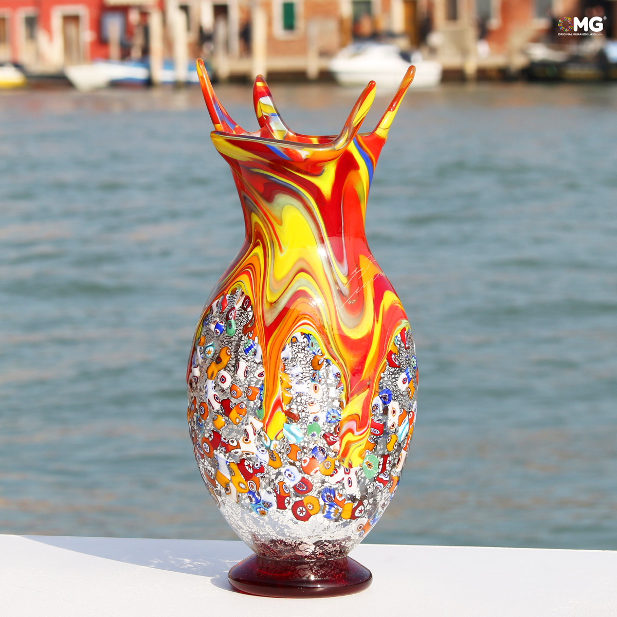 bal extreem zoom Symphony - Vase - Murano Glass Millefiori and Silver