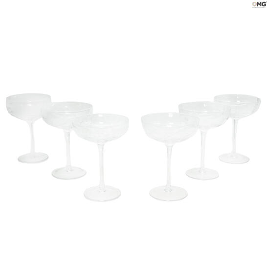 Wine Glasses - Flutes Collection: Champagne Glasses set - fantasy engraved  - Set of 6 pieces - Original Murano Glass OMG